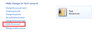 Windows 7 USer Accounts, Selected Account to Manage
